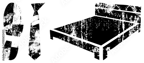 Vector cutouts of a bed frame, necktie, and shoe sole with distressed texture, style, graphic design elements, isolated foreground objects.