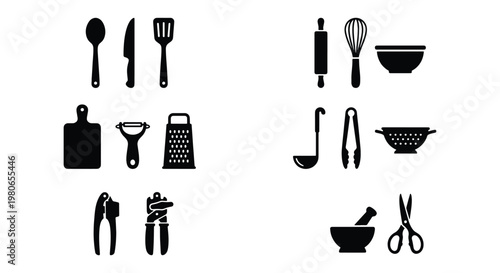 Minimalist kitchen utensil icon set, black silhouette cooking tools collection, 14 culinary equipment vector elements for restaurant menus and home cooking
