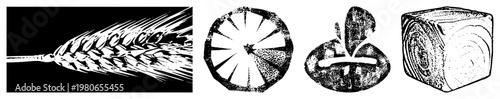 Black and white halftone vector wheat, sunflower, potato, wood block. Minimalist glyph style, isolated foreground elements for graphic design.