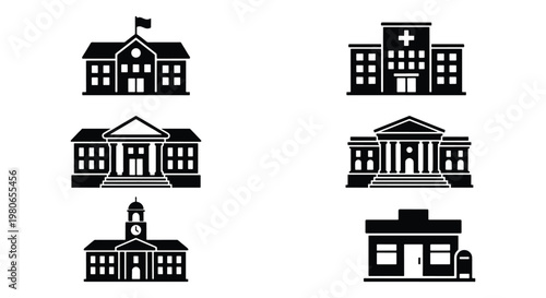 Public building icons set, black silhouette vector of 6 government and municipal structures, hospital and school architecture symbols on white