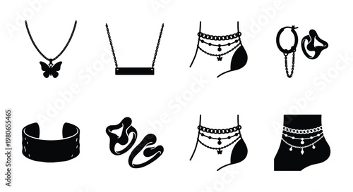 Minimalist jewelry icon set, black silhouette fashion accessories including butterfly necklace and earrings, 8 vector elements for retail