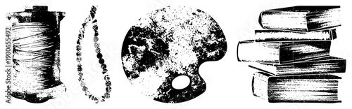 Thread spool with wound yarn, beaded jewelry strand, painter’s palette with pigment stains, stack of books, halftone vector art, creative tools, studio essentials, design elements.