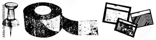 Pin, tape roll, and assorted cards with gritty texture, retro office tools, stationery items, worn paper, graphic.