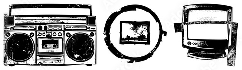 Retro boombox, cracked TV screen, CRT monitor, analog devices, nostalgic electronics, black and white illustration, vintage tech.