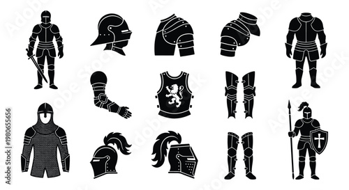 Medieval knight armor silhouettes, set of 13 black vector icons featuring plate mail, helmets, and shields, historic warrior equipment for gaming