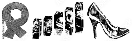 Vintage halftone graphic set with, bar chart, and stiletto heel, stylized with hatch texture, ideal for print or web design.