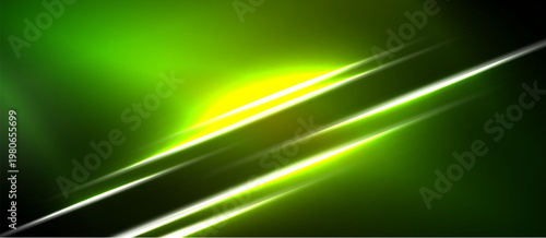 Abstract green light streaks radiate from central yellow glow. Dark background emphasizes bright energy lines. Simple, modern design.