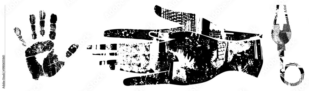 Fototapeta premium Graphic design elements featuring handprints and scissors, bold stencil texture, isolated vector art, printmaking style, creative cutout graphics.