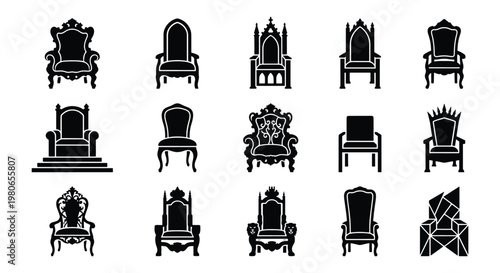 Medieval throne icon set, 15 royal chair vector silhouettes, antique king and queen furniture collection, gothic and fantasy seat symbols