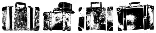 Retro luggage collection featuring textured briefcases and a fedora hat, halftone graphic, travel gear, vintage suitcase, design, artistic vector illustration.