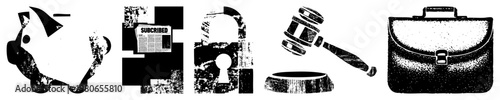 vector of savings, news, security, law, and business, halftone textured, symbolic objects for digital use.