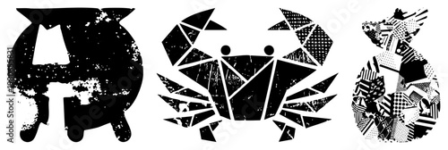 Stylized animal shapes composed of fragmented geometric, vector art, graphic design elements, abstract wildlife motifs, halftone inspired textures.