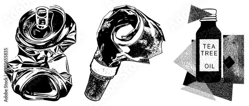 Crumpled aluminum can, crushed plastic bottle, tea tree oil bottle, halftone vector art, eco waste, recyclable materials, minimalist black white.
