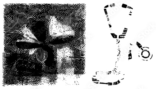 Vector art featuring halftone textures, fragmented geometric shapes, stylized abstract forms, design, graphic illustration.