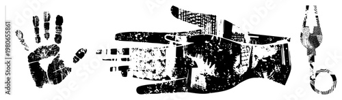 Graphic design elements featuring handprints and scissors, bold stencil texture, isolated vector art, printmaking style, creative cutout graphics.