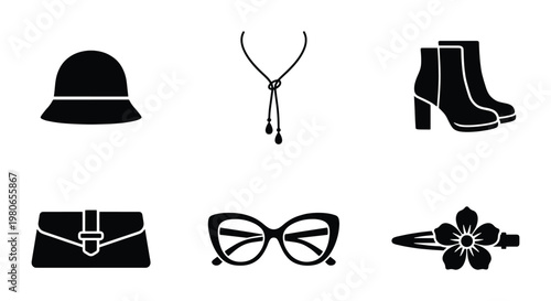 Minimalist fashion accessories icon set, black silhouette female clothing elements, 6 vector icons including hat, boots, and handbag for retail design