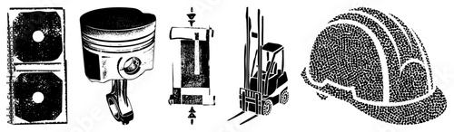 Piston, engine block, hydraulic cylinder, forklift, hard hat mechanical components and safety gear, halftone style, technical illustrations.