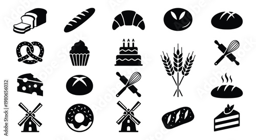 Bakery icons set with bread and pastry symbols, 20 black vector elements for bakeshop branding, wheat and flour mill illustrations for cafe menus