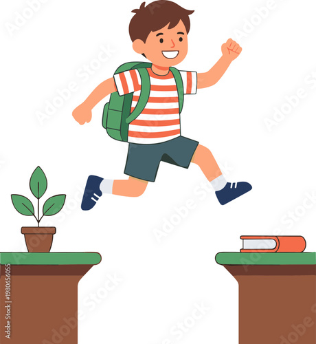 A boy jumps between two desks with a book and a plant on them.