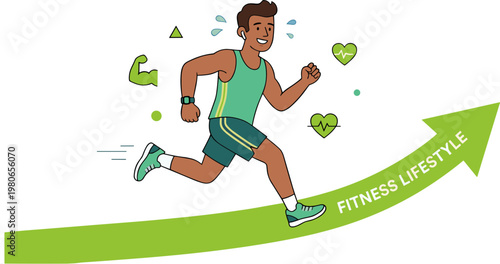 A man runs up a green arrow with fitness icons, symbolizing a healthy lifestyle.