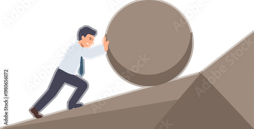 Man pushing large ball up a steep hill with effort and determination