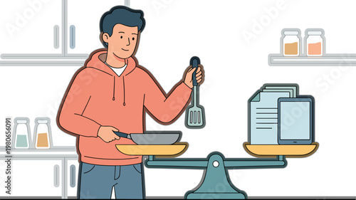 Man balancing food and papers on a scale in a kitchen
