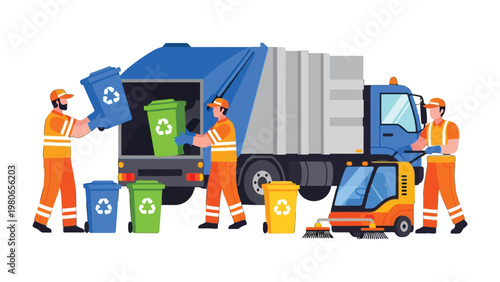 Waste Management Crew in Action: A diligent sanitation crew diligently manages recycling bins and a waste collection truck, emphasizing a clean environment and ecological responsibility.