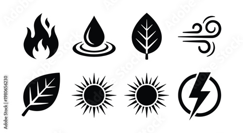 Minimalist nature elements icon set, black vector symbols of fire water leaf wind sun and electricity, 8 eco friendly environment signs