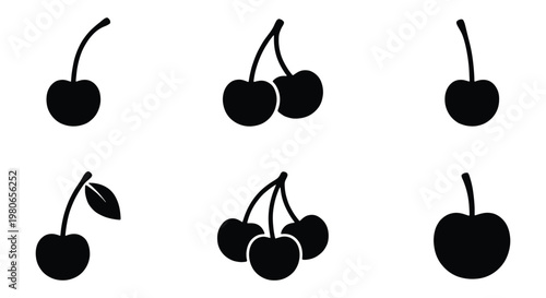 Black cherry silhouette icons set, minimalist fruit vector collection, 6 organic berry symbols for food packaging and menu design