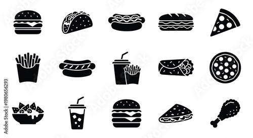 Fast food icon set with 15 black vector silhouettes, junk food meal symbols including burger and pizza, takeaway restaurant menu graphics