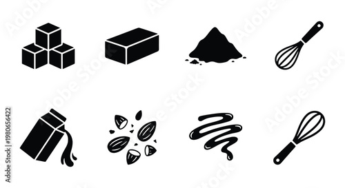 Baking ingredients and kitchen tools icon set, black solid vector symbols of sugar cubes, butter, flour, whisk, milk, almonds, and chocolate syrup