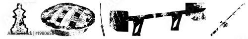 Black and white vector silhouettes of chess piece, lattice topped pie, katana sword, and vintage rifle isolated, stylized, monochromatic, graphic design elements.