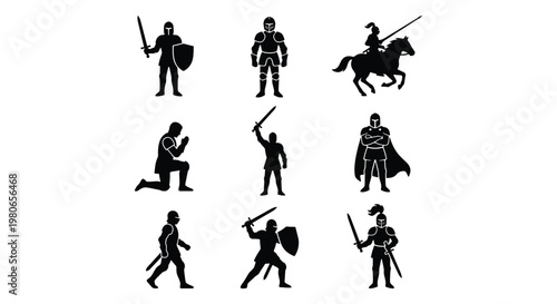 Medieval knight silhouette collection, set of 9 armored warrior icons, historical soldier vector graphics with swords and shields, ancient paladin characters