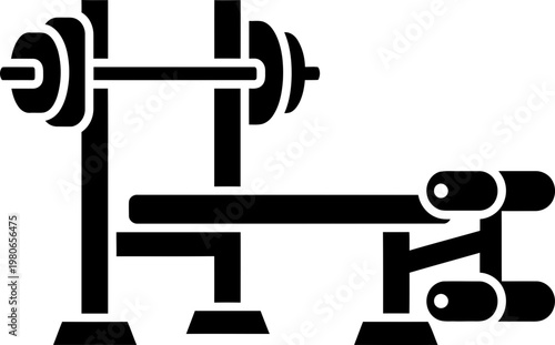 Minimalist Black Silhouette Icon of a Gym Weight Bench with Barbell and Leg Extension for Bodybuilding and Fitness