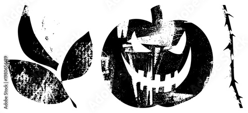 Halloween jack o lantern with jagged grin, distressed black and white vector, spooky foliage, eerie, holiday, flat design with texture.