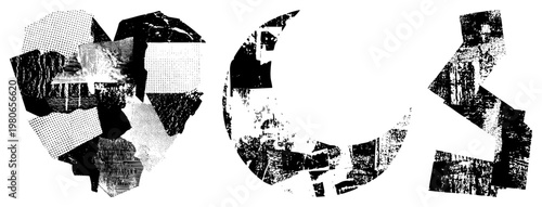 Stylized fragmented letters with halftone, abstract typography, graphic design elements, digital glitch art, composition.