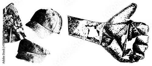 Classic baseball cap with worn texture and clenched fist, halftone dot, graphic design, bold, retro sports.