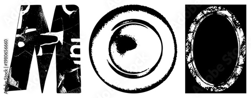 Bold stylized letters with grunge textures, concentric rings with ink blot effects, isolated typography design, graphic art, distressed glyph shapes.