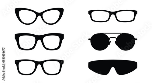 Retro eyewear silhouette collection, set of 6 glasses and sunglasses icons, vintage cat-eye and modern frame styles, black fashion accessories vector