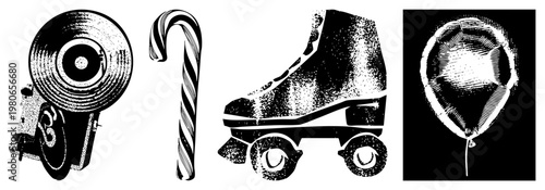 Retro holiday symbols record player, candy cane, roller skate, balloon, festive, vector holiday art, graphic.
