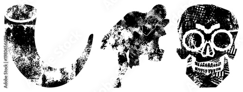 Grungy halftone vector featuring a horn, spectral figure, and ornate skull, ideal for retro or horror themed designs.