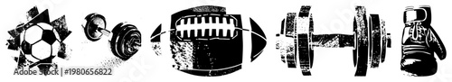 Rugged, textured sports gear soccer ball, dumbbell, football, barbell, boxing glove rendered in distressed black and white vector art. Perfect for fitness, gym, or athletic branding.