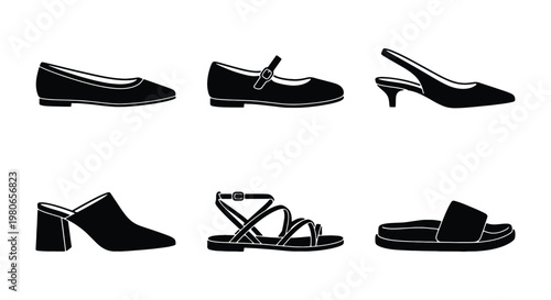 Minimalist black women's shoes icon set, 6 vector footwear silhouettes, elegant fashion footwear collection including heels, sandals, and flats