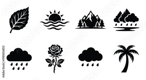 Nature icon set with 8 black vector elements, weather and landscape symbols, minimalist outdoor environment illustrations for web design