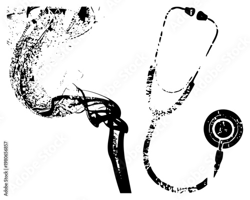 Black and white vector illustration of stethoscope and stylized digestive tract, medical education, anatomy, healthcare, internal organs, diagnostic tool.