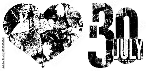 Distressed heart silhouette with gritty texture, paired with bold date typography, ideal for anniversary graphics, rustic branding, or vintage event posters. Synonyms love symbol, milestone marker.