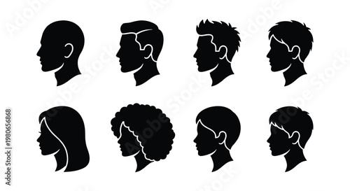 Male and female hair silhouette set, collection of 8 diverse hairstyle profile icons, black head outlines for barbershop and salon branding
