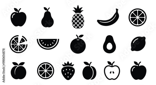 Minimalist fruit icon set with 15 black vector elements, organic food silhouettes for grocery branding, flat style fruit symbols for menu design