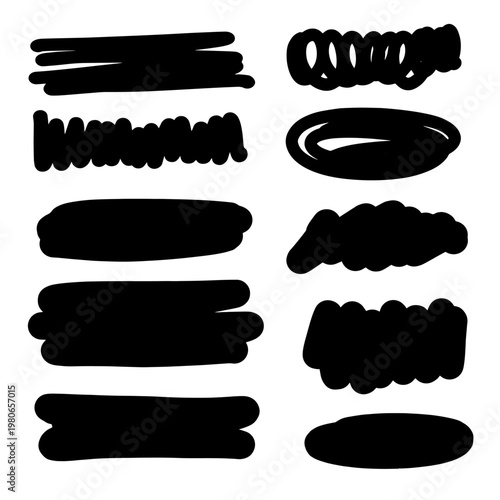 Set of vector brush strokes, various shapes. Collection of hand drawn different graphic elements.