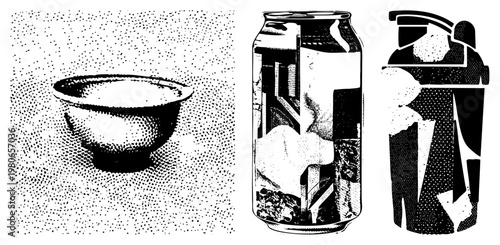 Black and white halftone graphic of three containers bowl, soda can, shaker bottle, stylized with dot, isolated vector art.